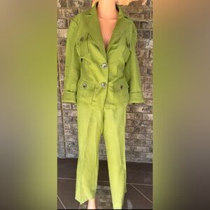 Bandolino Linen Blend Pant Suit Set Size 12 Green Blazer & Wide Leg Pants